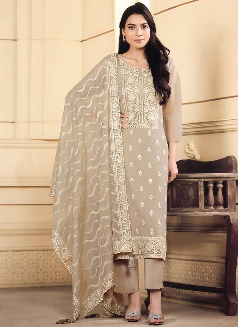 Grey Organza Zari Embroidered Straight Pant Suit Festive Wear