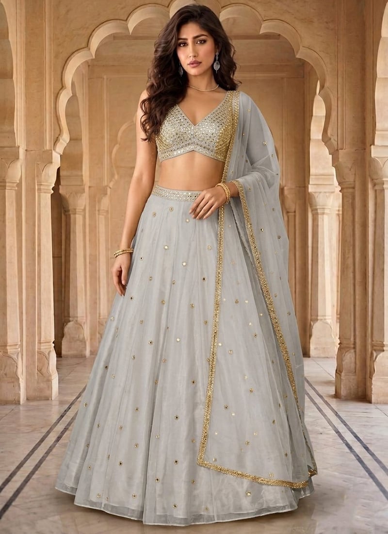 Grey Organza Zari Mirror Work Hand Embroidered Lehenga Wedding Wear