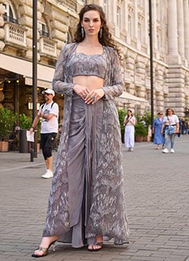 Grey Peach Crepe Silk Embroidered Indowestern Dhoti Set With Jacket