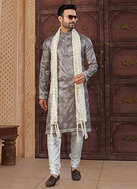 Grey Pewor Silk Sequins Embroidered Thread Classic Sherwani