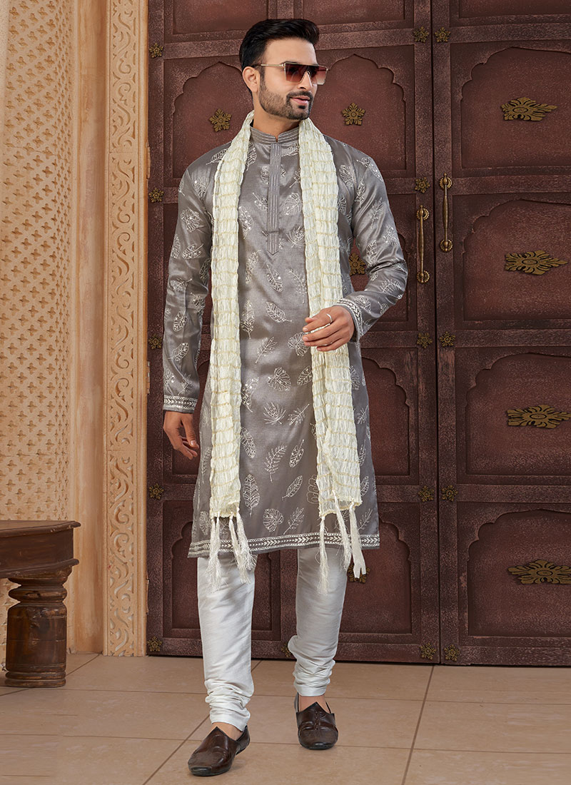 Grey Pewor Silk Sequins Embroidered Thread Classic Sherwani Festive Wear
