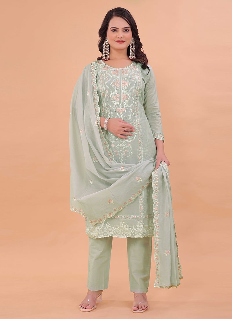 Grey Poly Cotton Thread Embroidered Sequins Straight Pant Suit Festive Wear