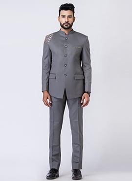 Grey Polyester Bandhgala Suits