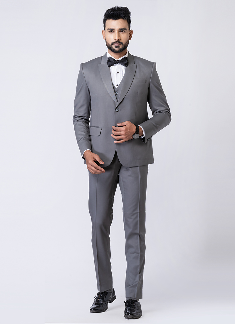 Grey Polyester Tuxedo Suit