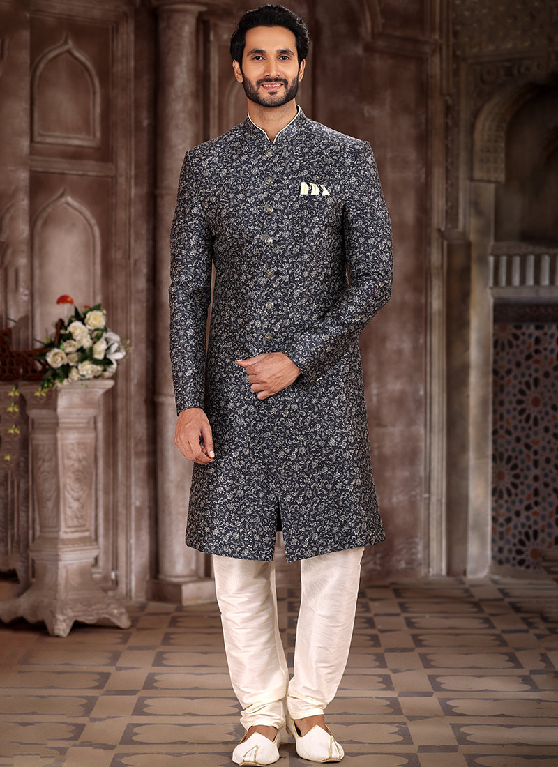 Grey Printed Art Silk Sherwani