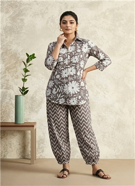 Grey Printed Cotton Co Ord Pant Set