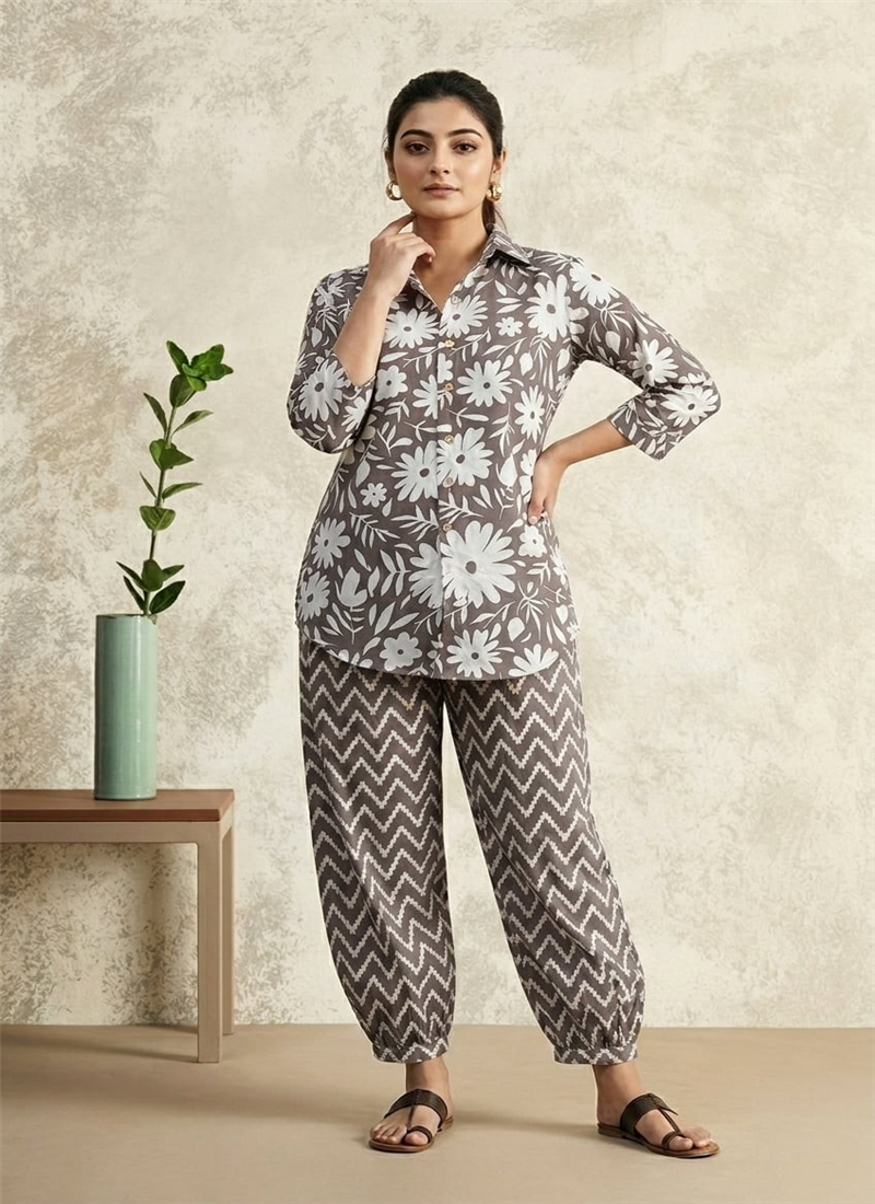 Grey Printed Cotton Co Ord Pant Set After Six Wear