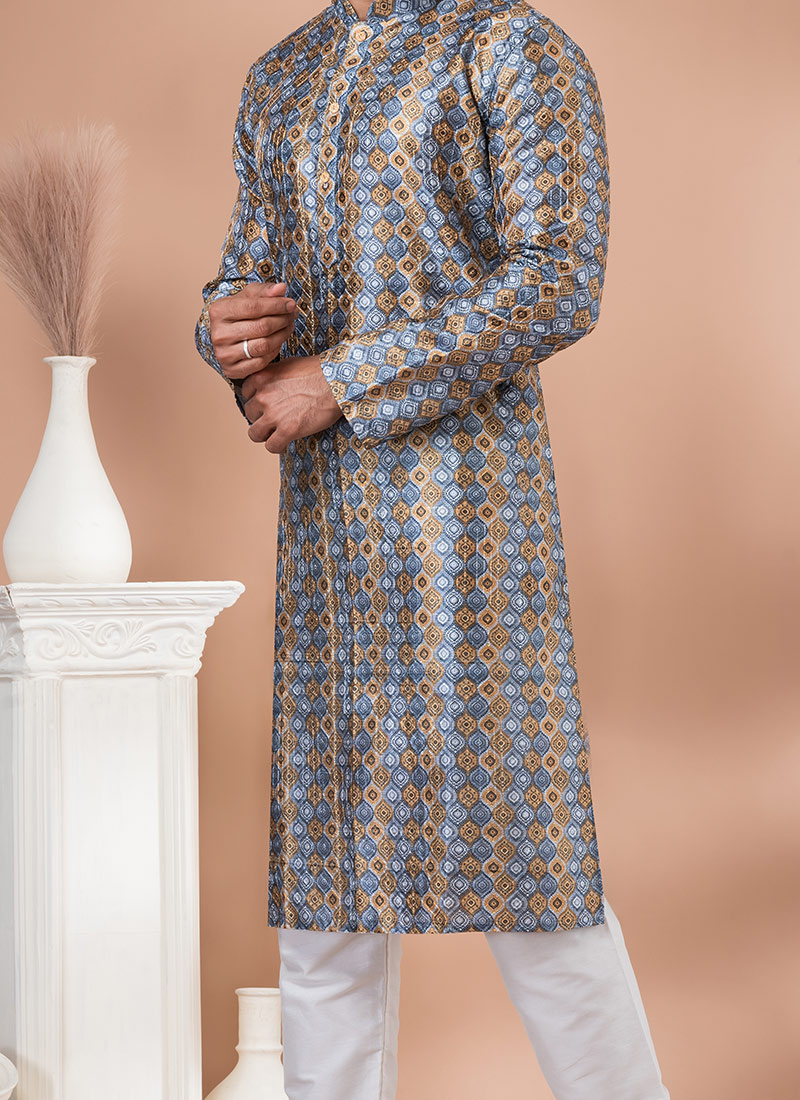 Grey Kurta Pajama Printed Cotton Silk main image 1