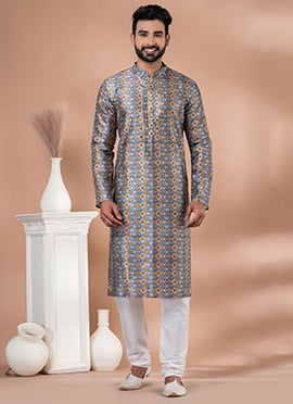 Grey Printed Cotton Kurta Pyjama
