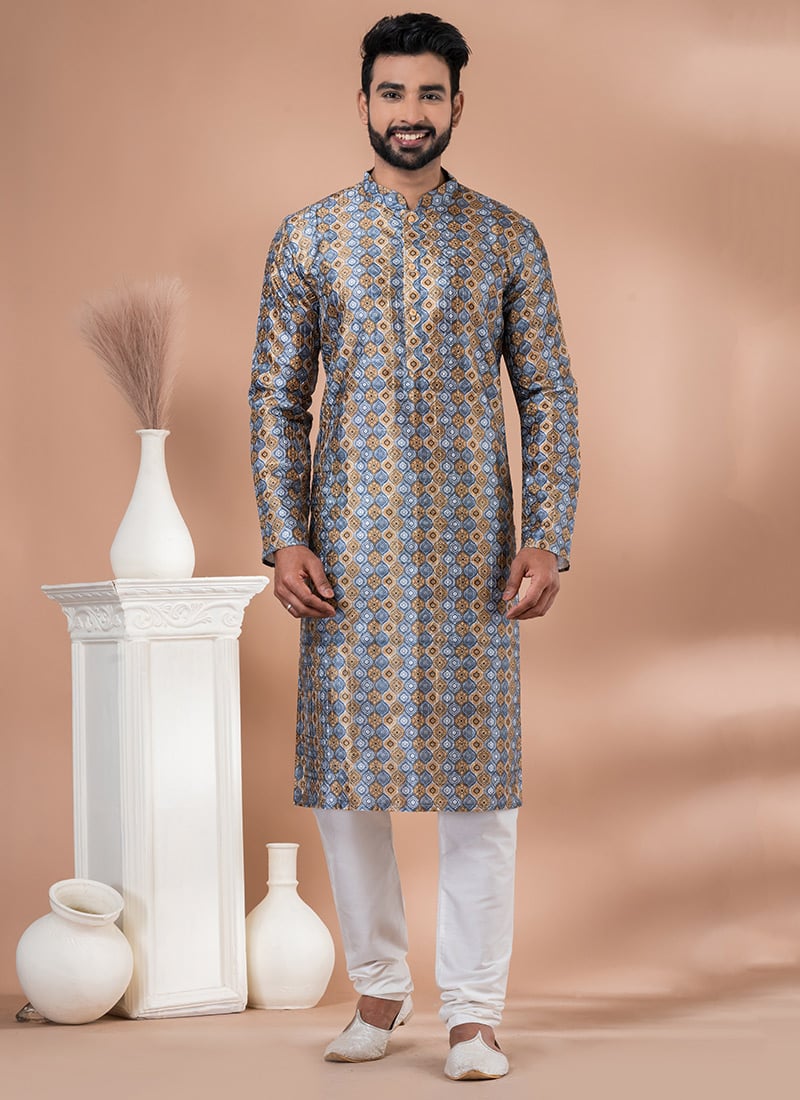 Grey Printed Cotton Kurta Pyjama