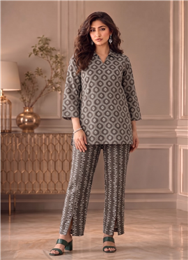 Grey Printed Cotton Straight Top Pant Set