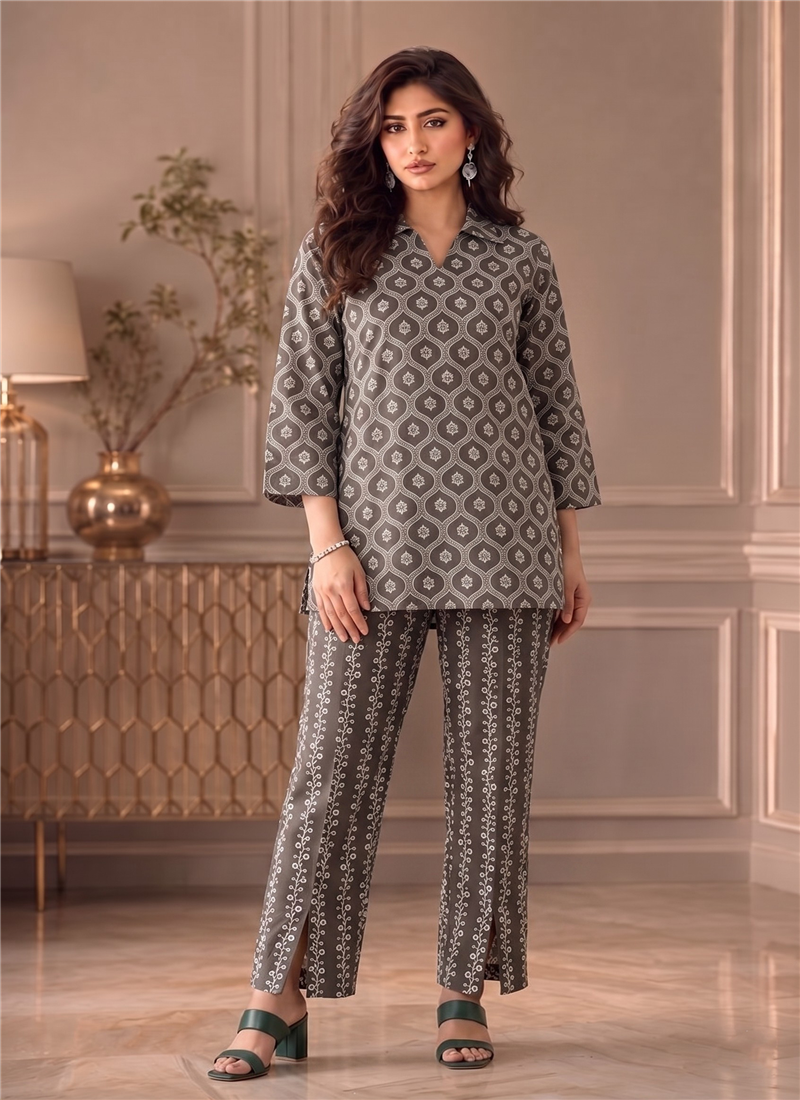Grey Printed Cotton Straight Top Pant Set After Six Wear
