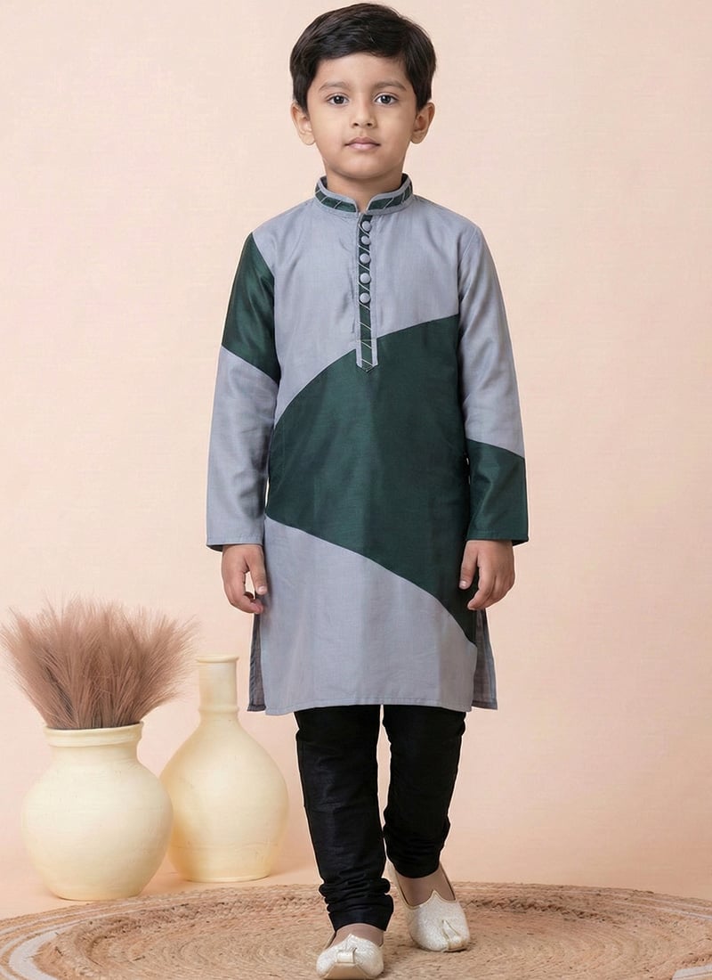 Grey PS Viscose Kids Boys Kurta Pyjama Festive Wear