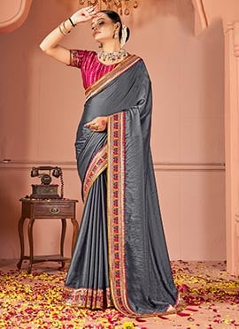 Grey Rangoli Silk Embroidered Sequins Zari Saree