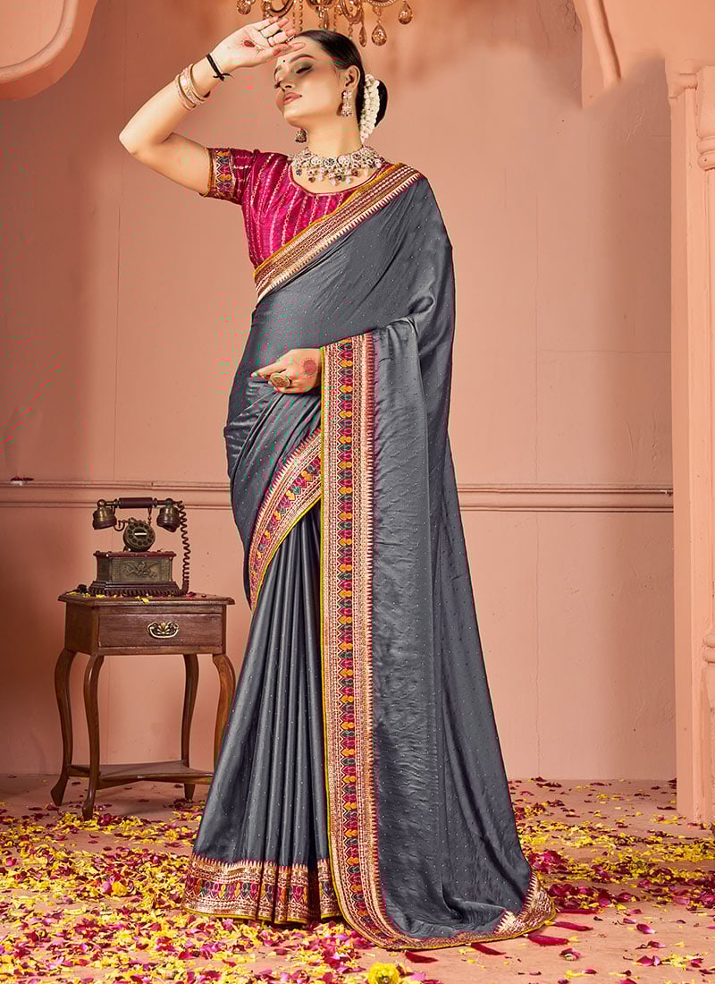 Grey Rangoli Silk Embroidered Sequins Zari Saree Festive Wear