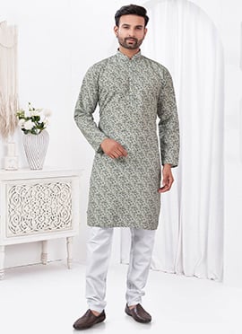 Grey Rayon Cotton Printed Kurta Pyjama