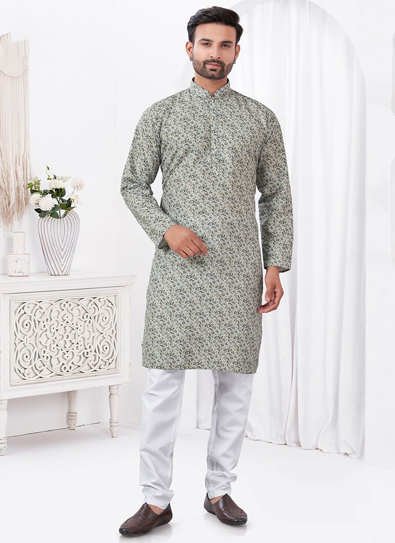 Grey Rayon Cotton Printed Kurta Pyjama Festive Wear