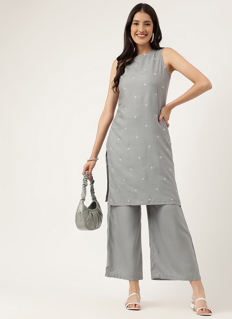 Grey Rayon Embroidered Butti Kurta Palazzo Set