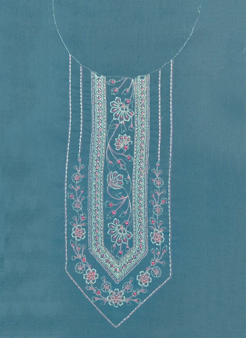 Dusk Blue Rayon Embroidered Fabric