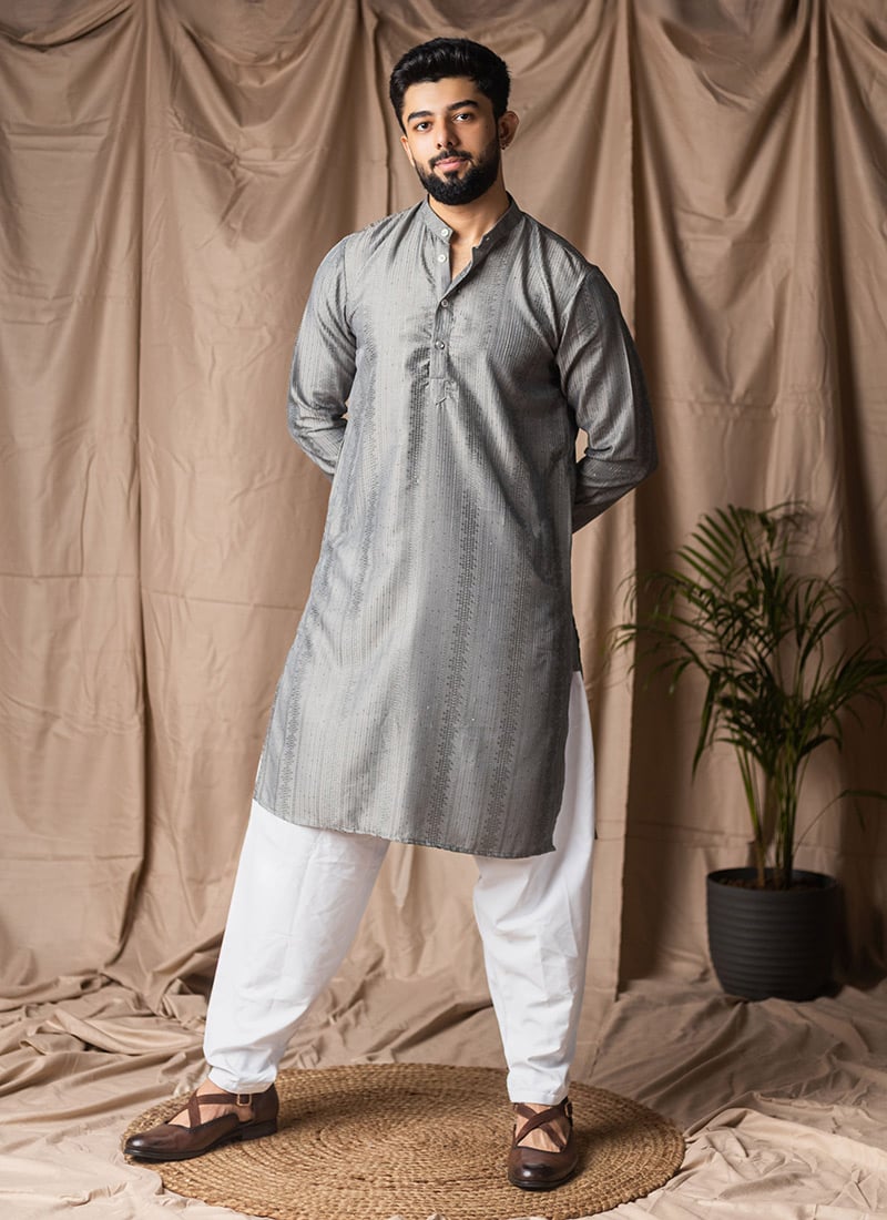 Grey Rayon Embroidered Sequins Kurta Pyjama Festive Wear