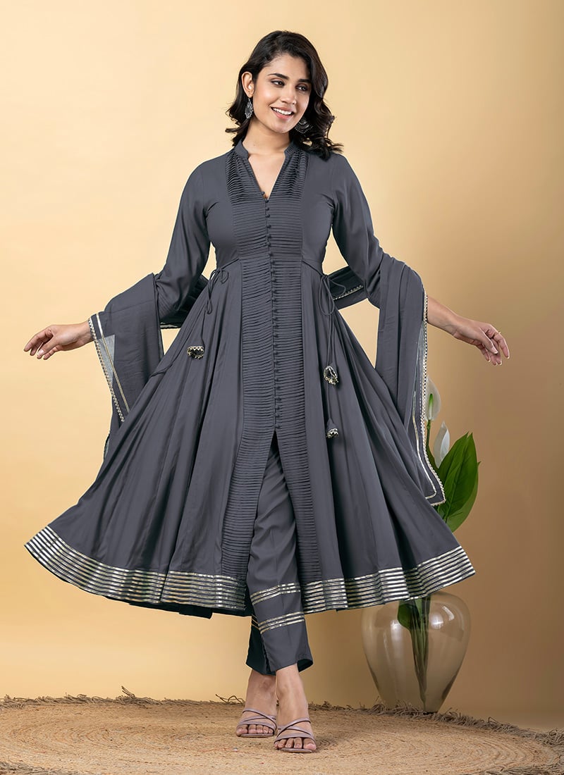 Grey Rayon Gota Lace Work Anarkali Suit After Six Wear