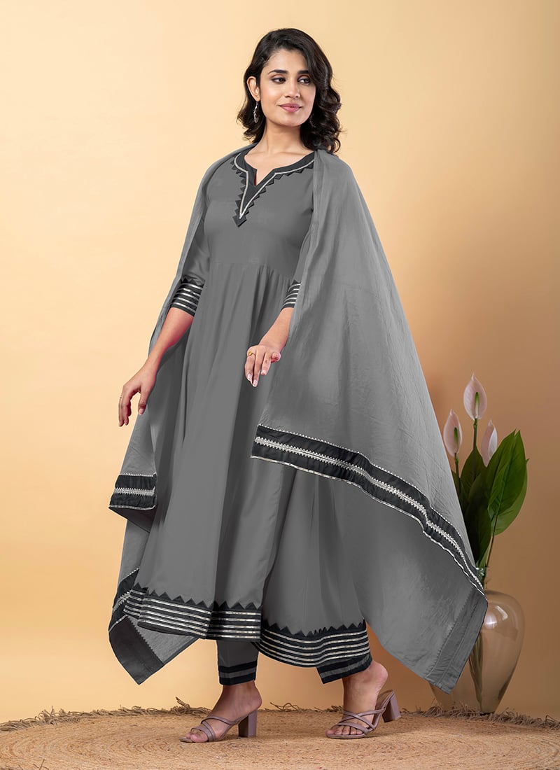 Grey Rayon Gota Patti Lace Work Anarkali Suit After Six Wear