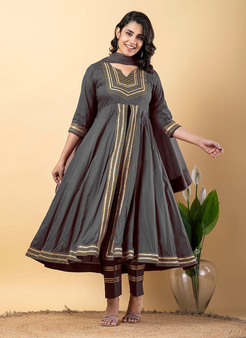 Grey Rayon Gota Patti Thread Anarkali Suit After Six Wear