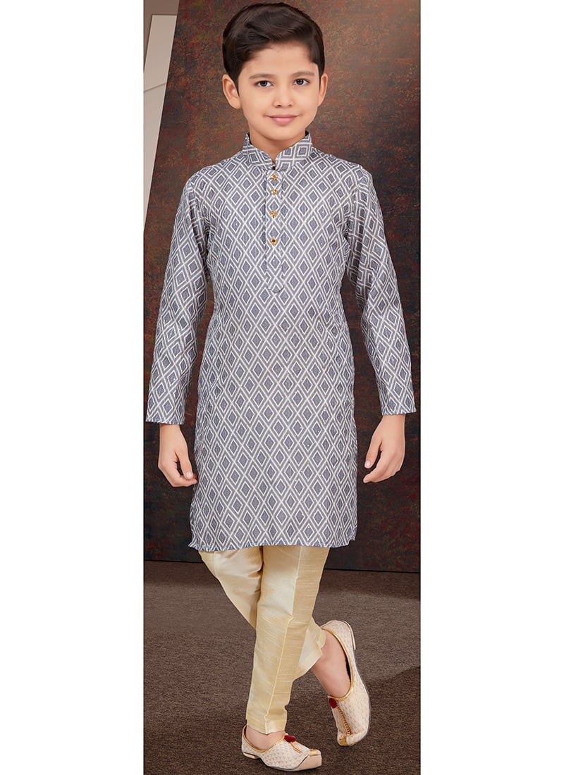 Grey Rayon Printed Embroidered Sequins Kids Boys Kurta Pyjama Festive Wear