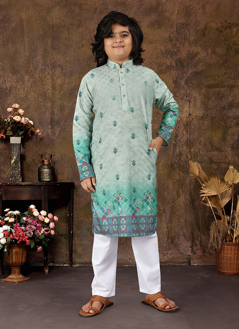 Grey Rayon Printed Embroidered Sequins Kids Boys Kurta Pyjama Festive Wear