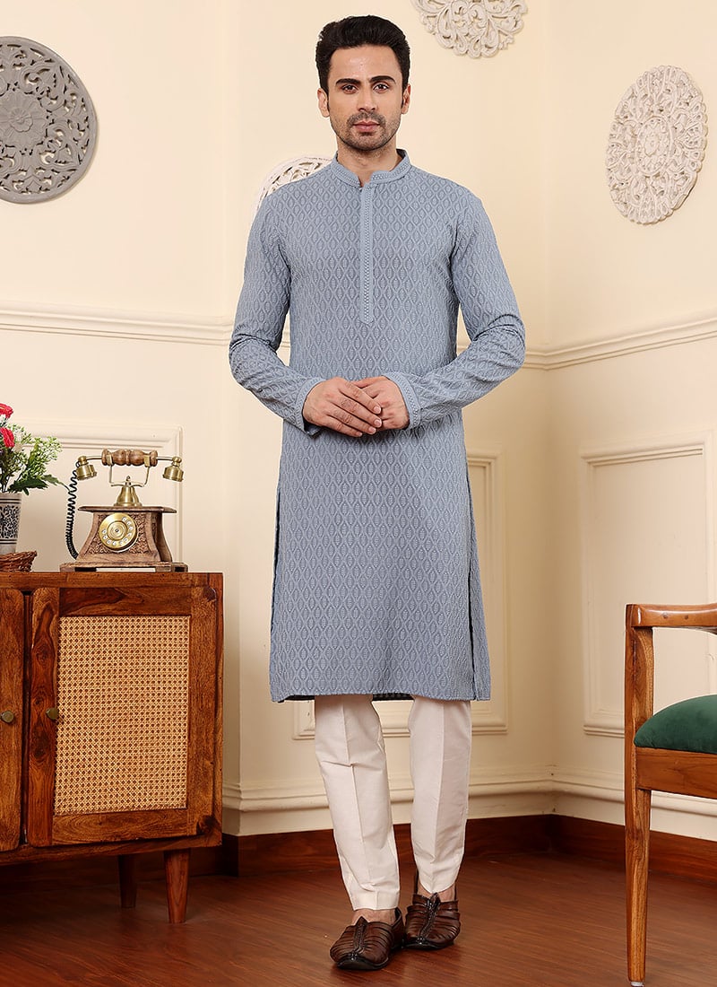 Grey Rayon Silk Embroidered Kurta Pyjama Festive Wear