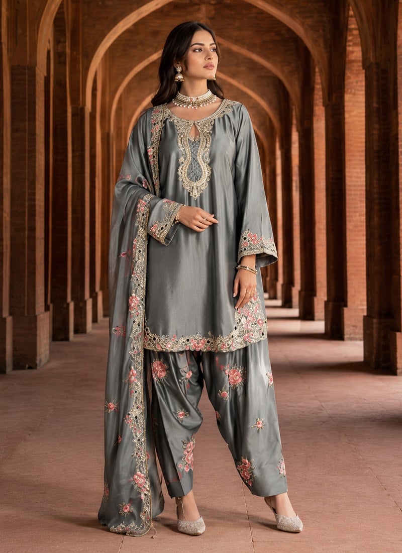 Grey Satin Embroidered Salwar Suit After Six Wear