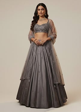 Grey Satin Sequins Beads Hand Embroidered Umbrella Lehenga