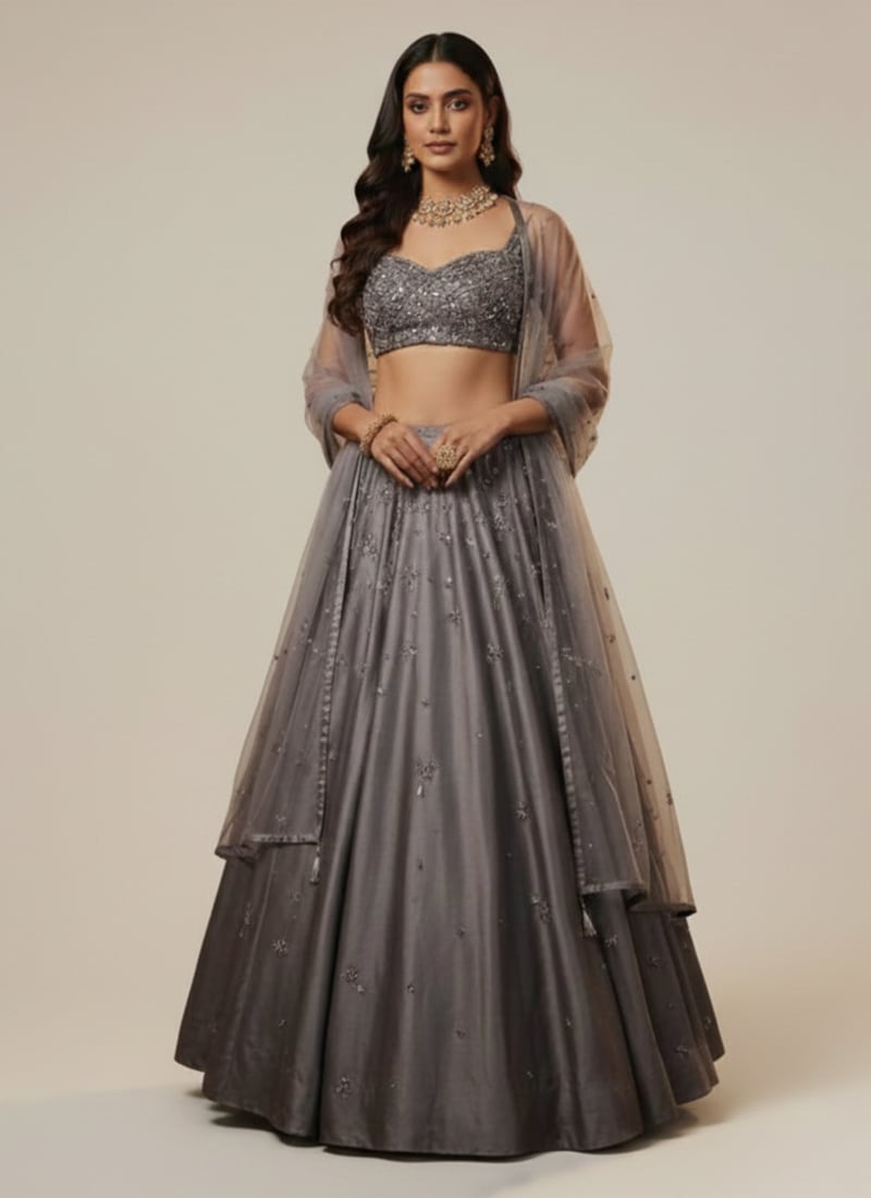 Grey Satin Sequins Beads Hand Embroidered Umbrella Lehenga Wedding Wear