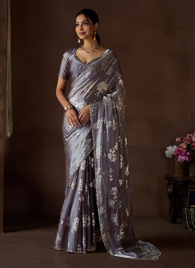Grey Satin Silk Foil Print Stone Work Saree Festive Wear