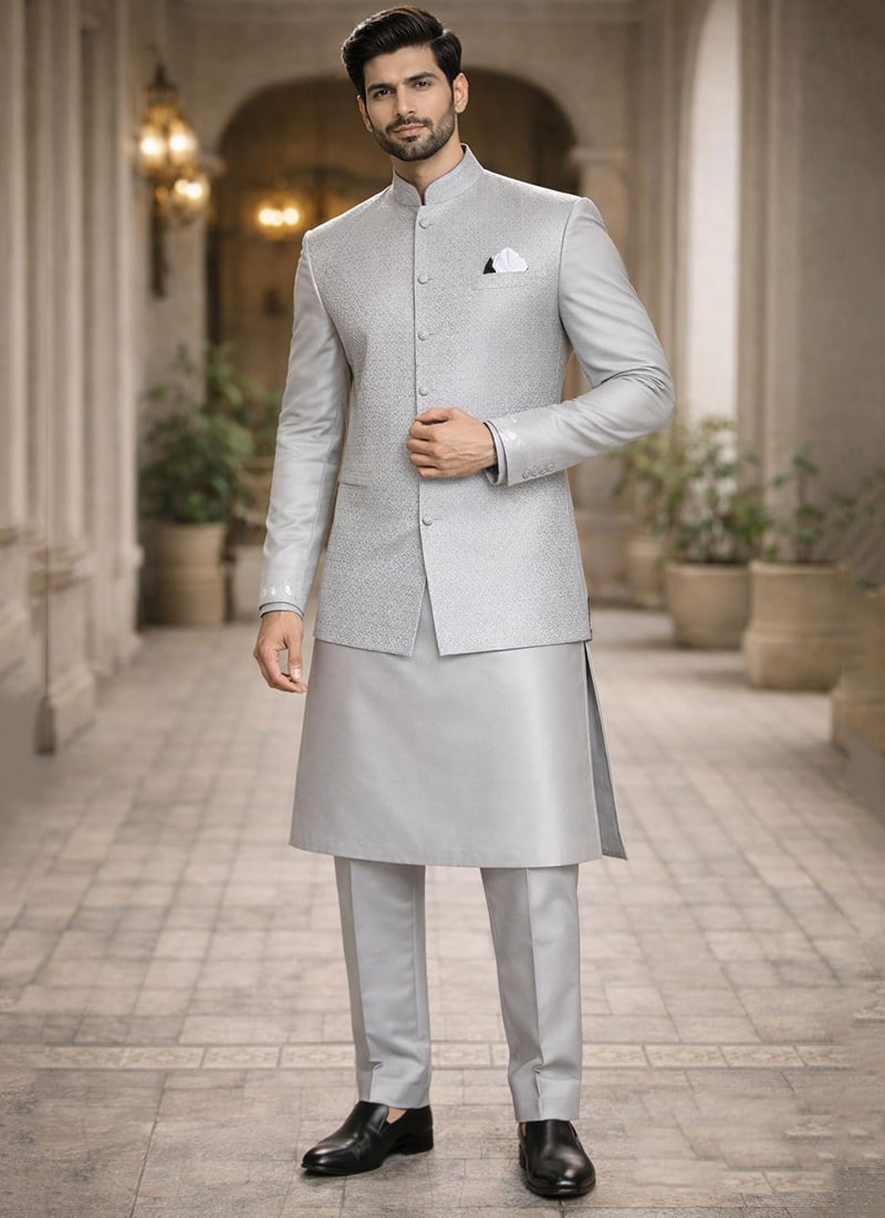 Grey Satin Silk Jacquard Bandi Set With Kurta And Straight Pant For Men Festive Wear