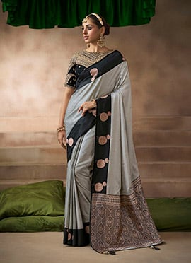 Grey Satin Silk Zari Embroidered Sequins Saree