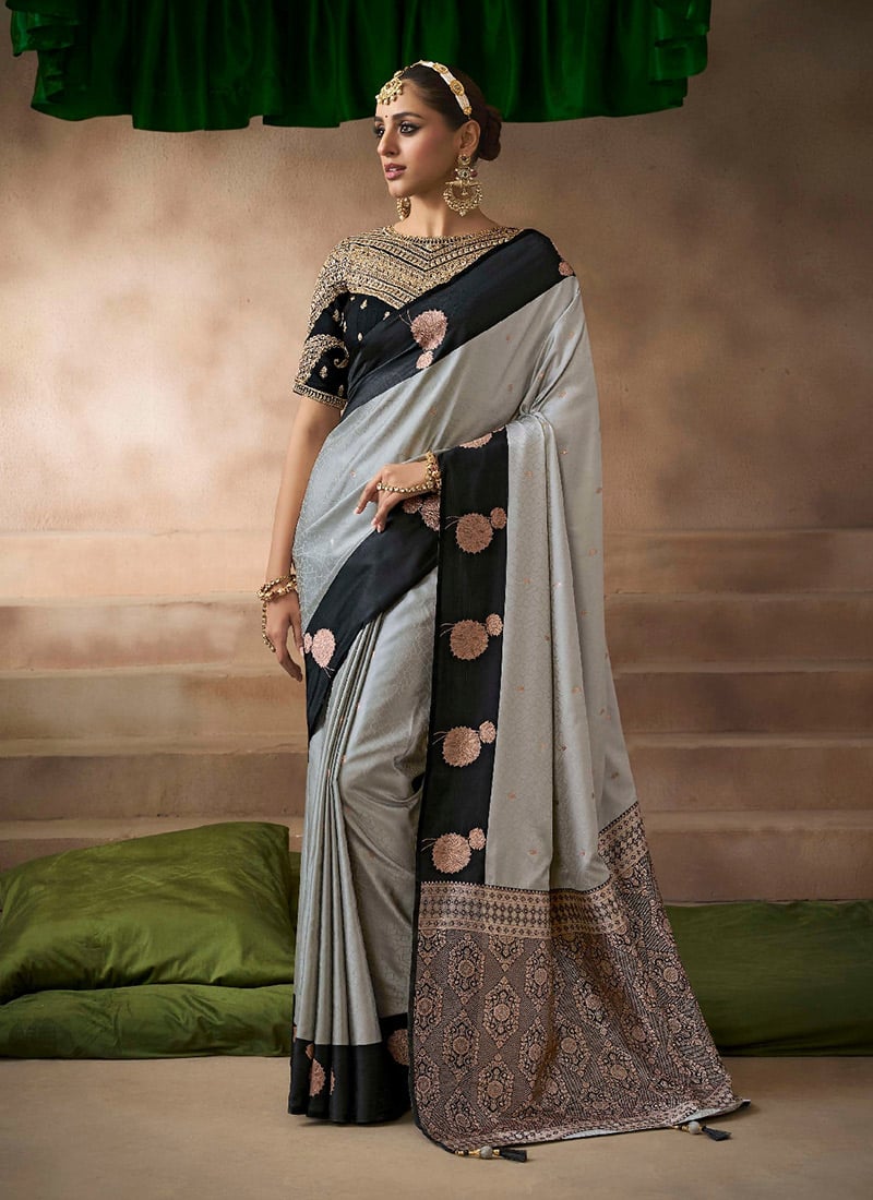 Grey Satin Silk Zari Embroidered Sequins Saree