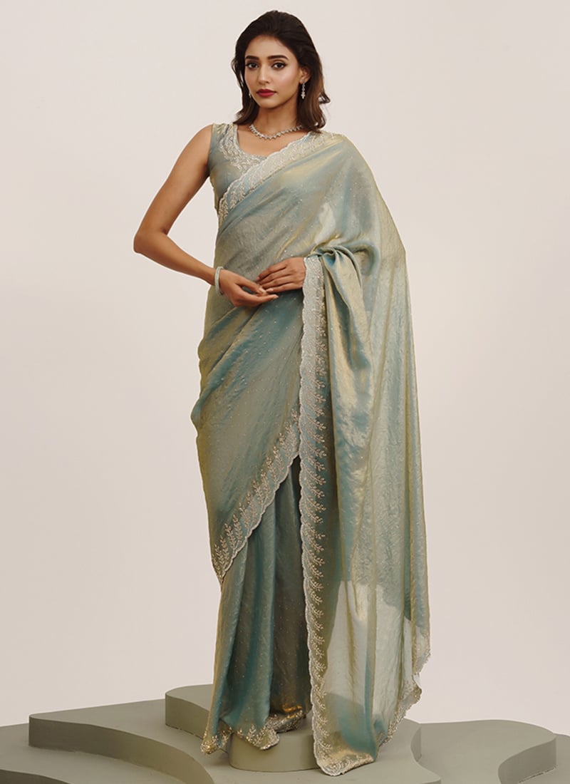 Grey Satin Stone Saree After Six Wear