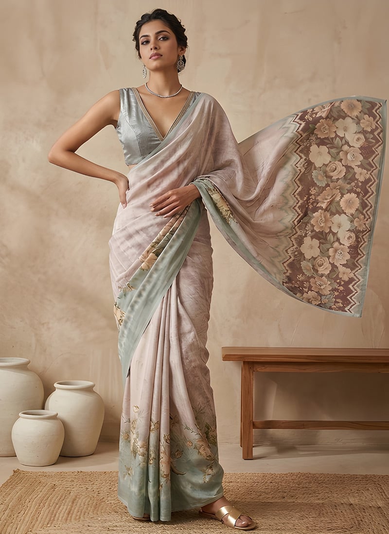 Grey Shimmer Printed Saree Festive Wear