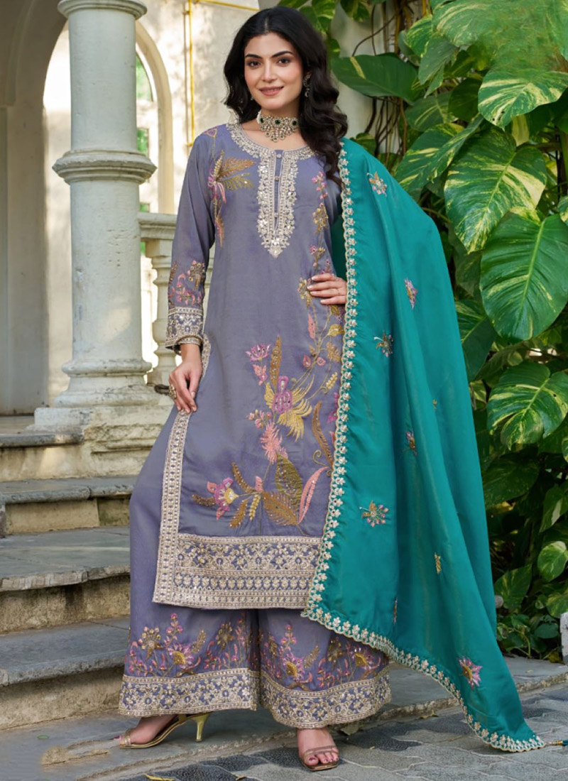 Grey Shimmer Sequins Palazzo Suit Festive Wear