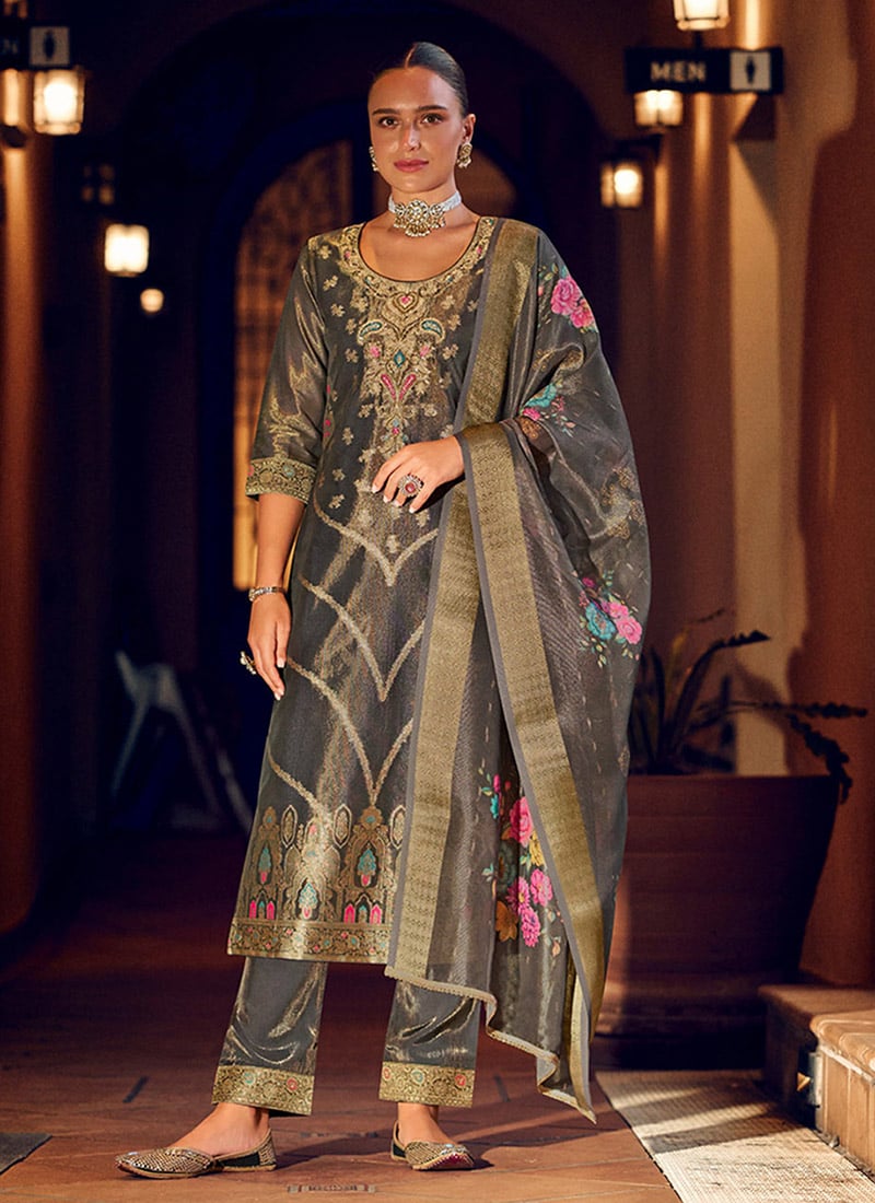 Grey Shimmer Silk Digital Print Zari Work Straight Pant Suit Festive Wear