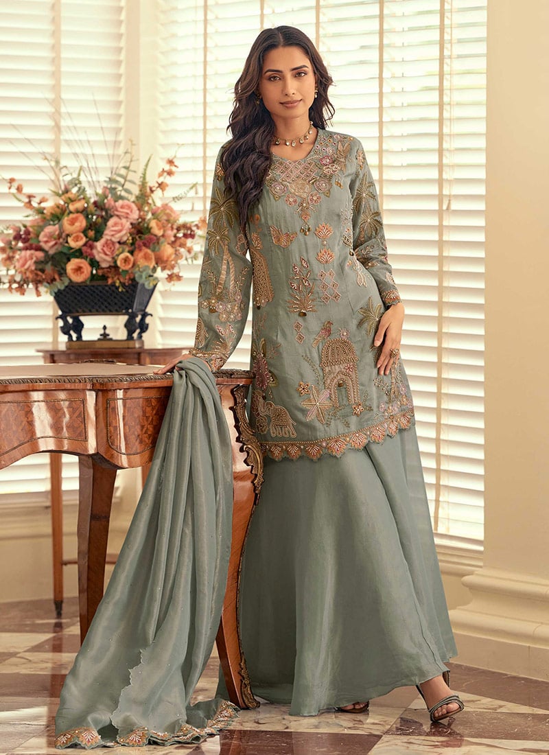 Grey Shimmer Silk Hand Embroidered Sequins Stone Work Palazzo Suit Festive Wear