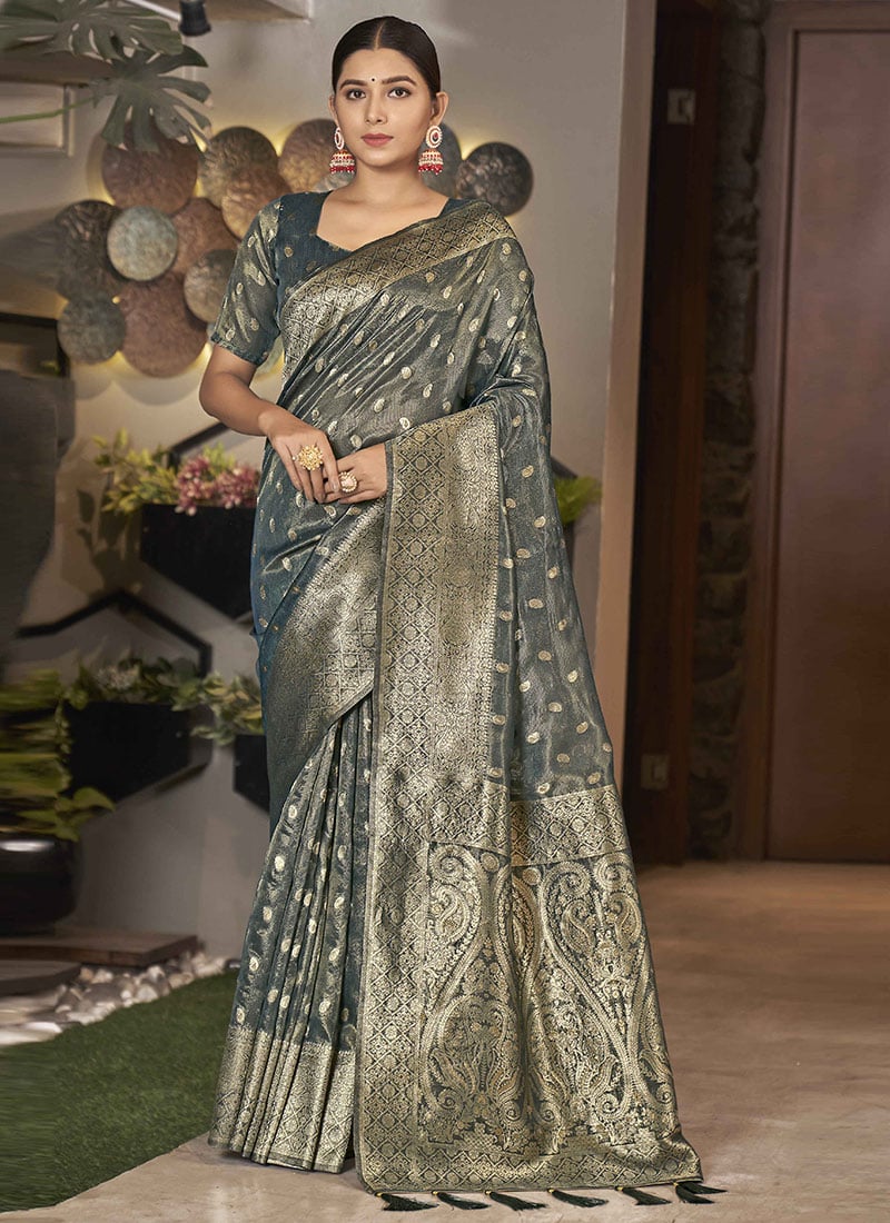 Grey Shimmer Silk Zari Woven Saree Festive Wear