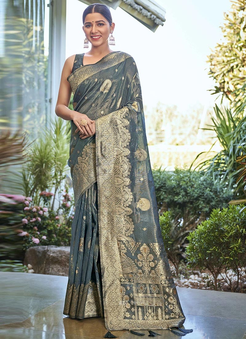 Grey Shimmer Silk Zari Woven Saree Festive Wear
