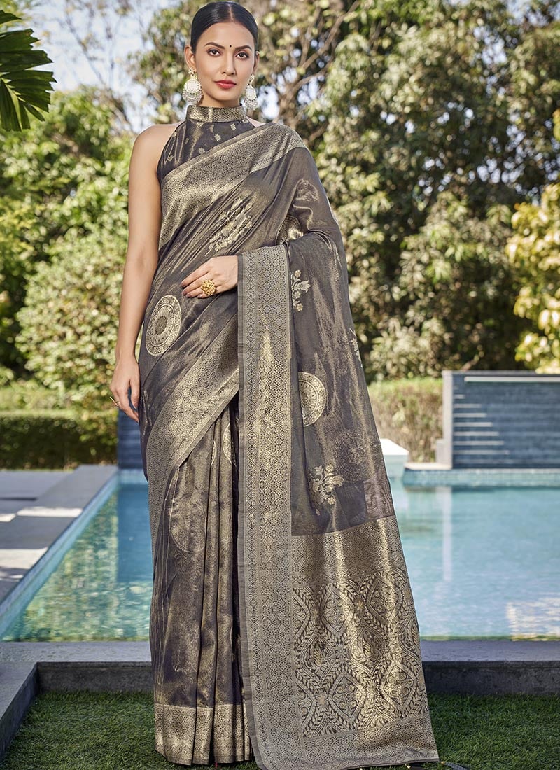 Grey Shimmer Silk Zari Woven Saree Festive Wear
