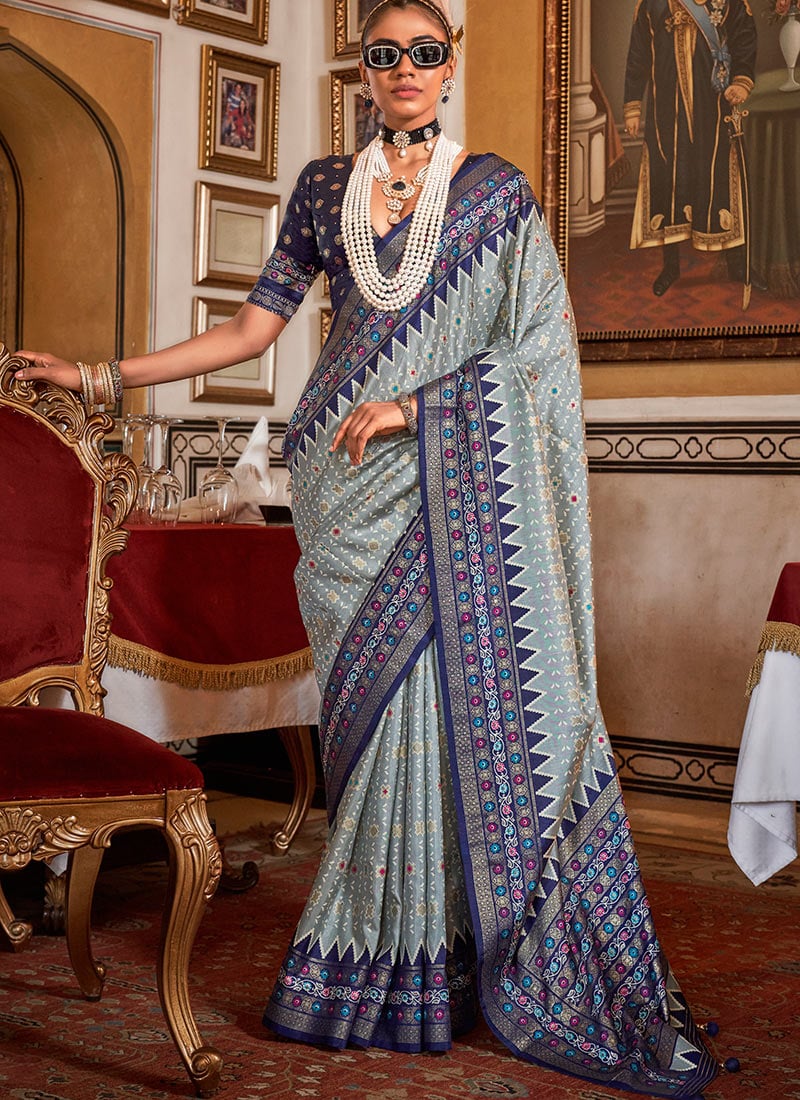 Grey Sigma Silk Digital Patola Print Saree Festive Wear