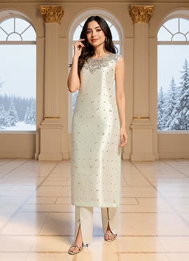 Cream Silk Beads Sequins Hand Embroidered Straight Pant Suit