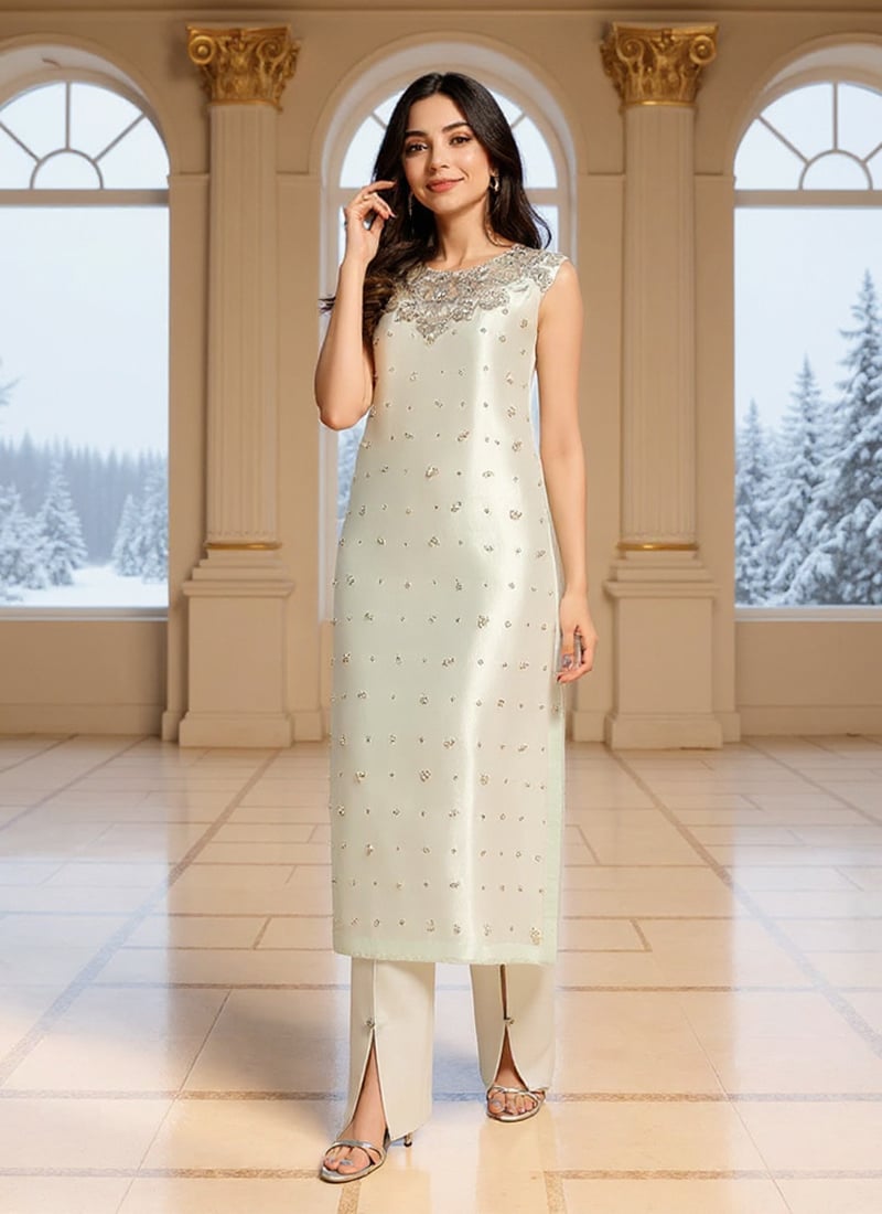 Grey Silk Beads Sequins Hand Embroidered Straight Pant Suit Festive Wear