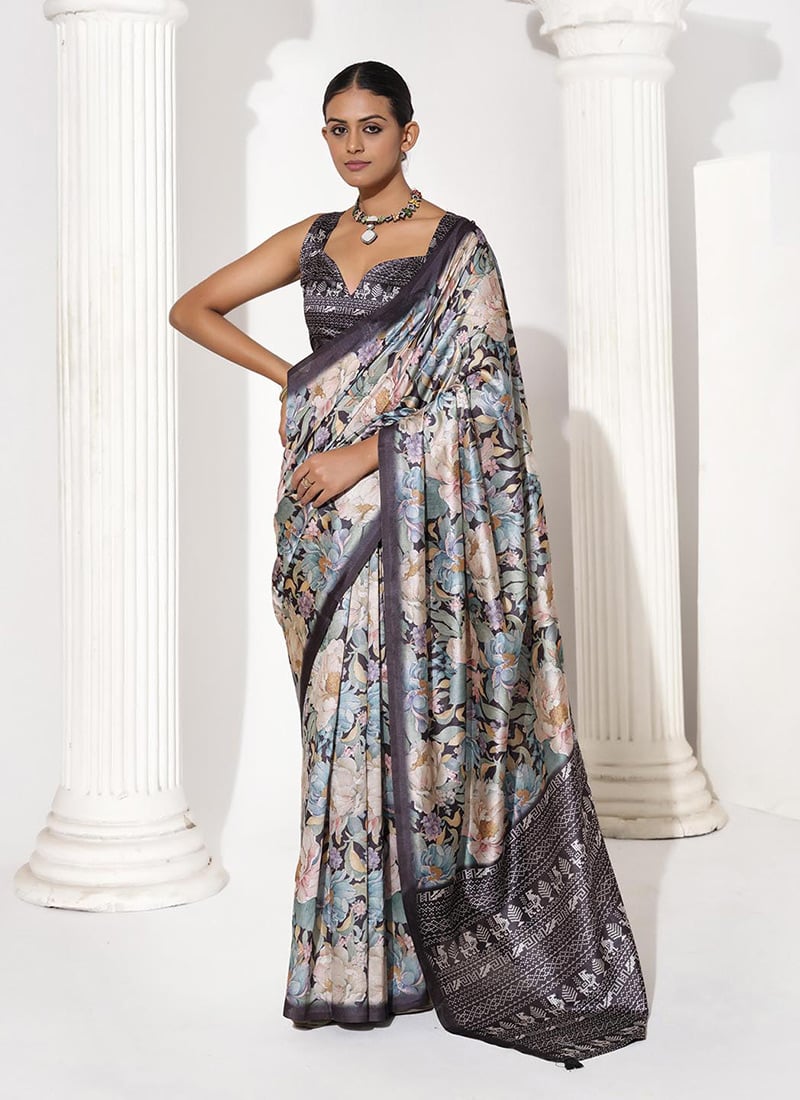 Grey Silk Blend Printed Saree After Six Wear