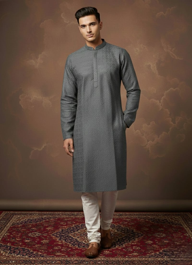 Grey Silk Chikankari Kurta Pyjama Festive Wear